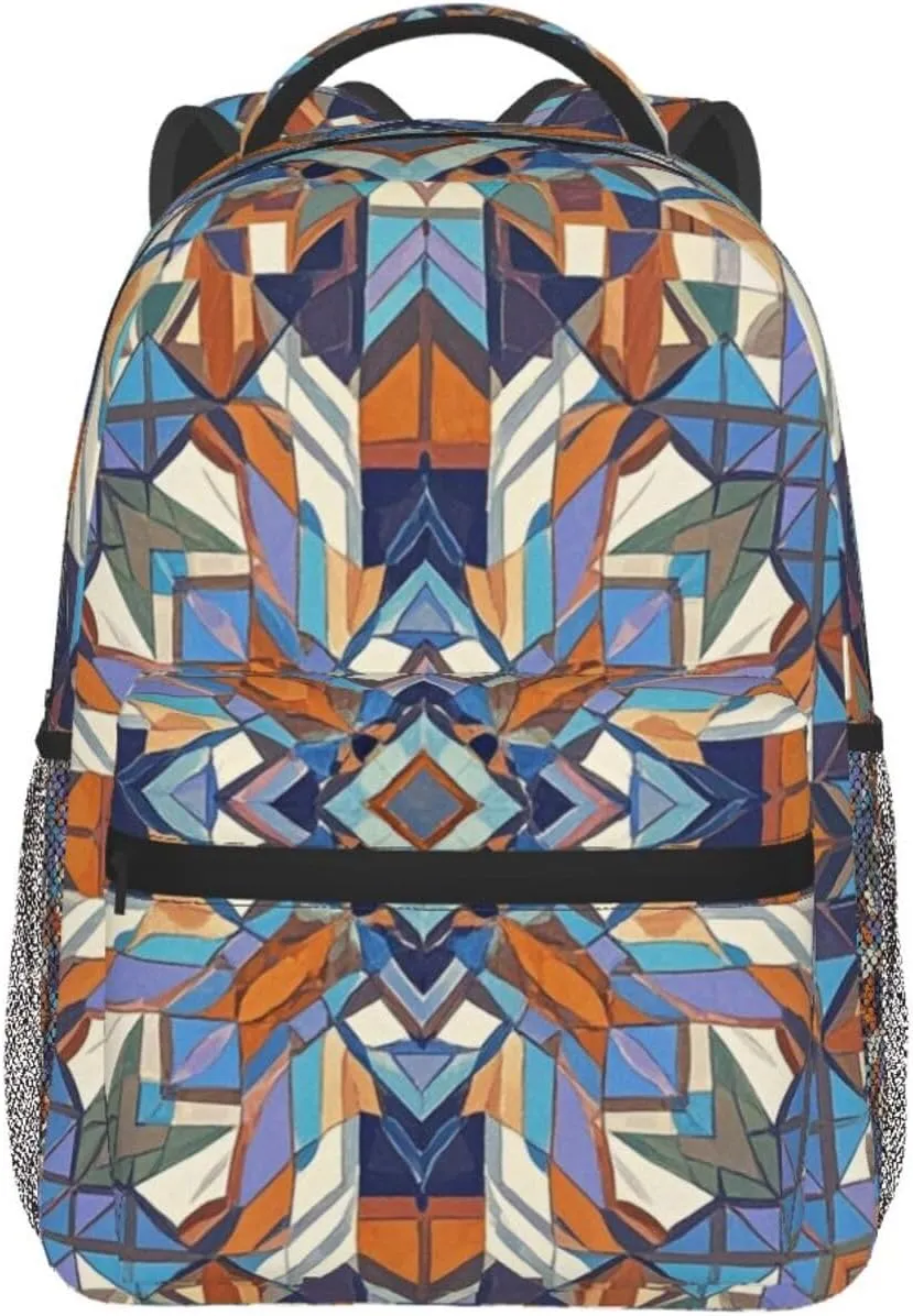 Adults Lightweight Geometric Mandala Grid Plaid Art Rucksacks Large Capacity Bookbag With Adjustable Shoulder Straps for Trekking Outdoors Bicycle