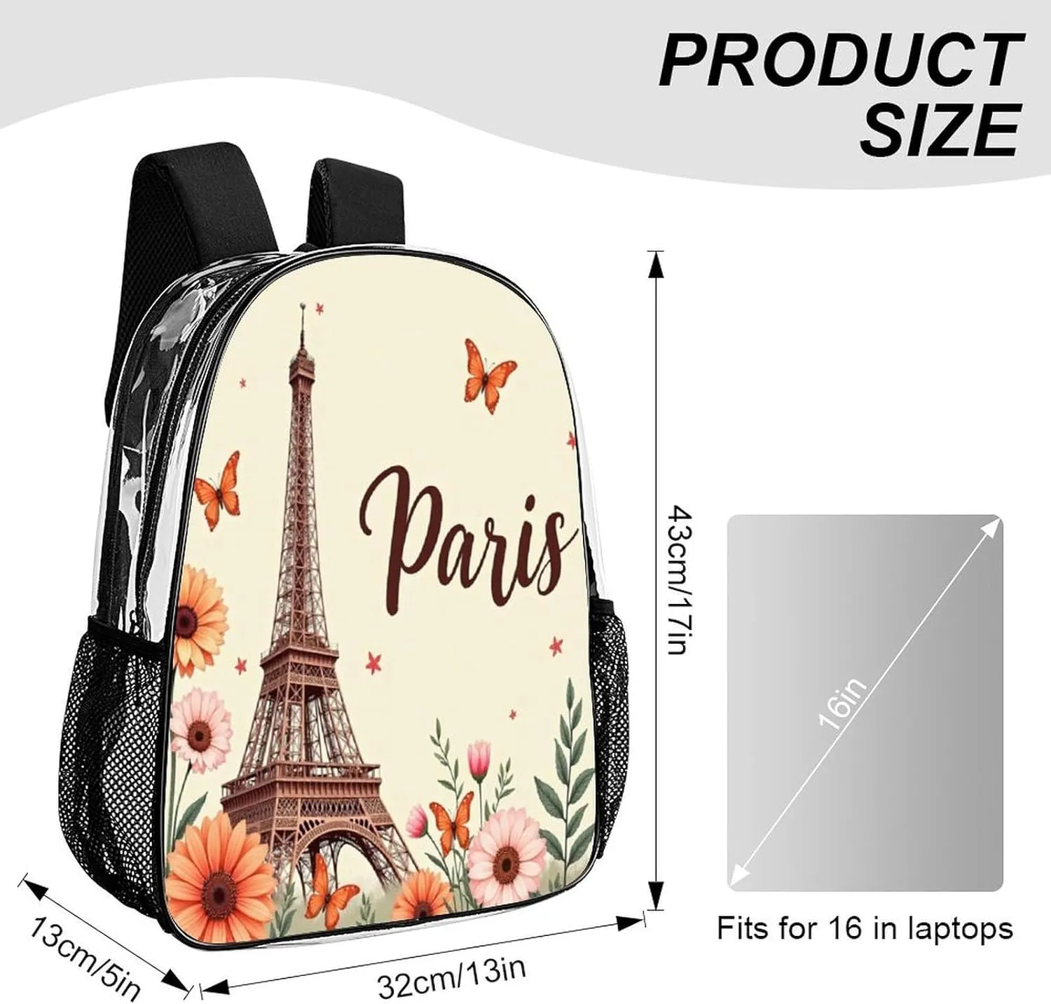Adults Lightweight Orange Paris Abstract Eiffel Tower Flowers Rucksacks Large Capacity Bookbag Transparent Bag for Trekking Outdoors Bicycle