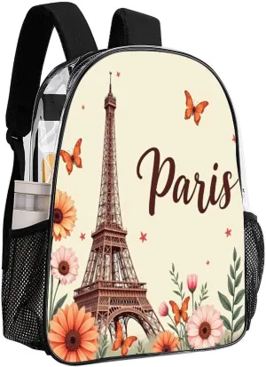 Adults Lightweight Orange Paris Abstract Eiffel Tower Flowers Rucksacks Large Capacity Bookbag Transparent Bag for Trekking Outdoors Bicycle
