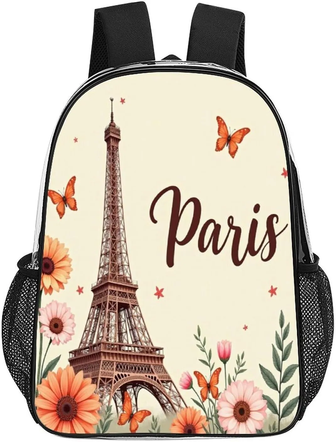 Adults Lightweight Orange Paris Abstract Eiffel Tower Flowers Rucksacks Large Capacity Bookbag Transparent Bag for Trekking Outdoors Bicycle