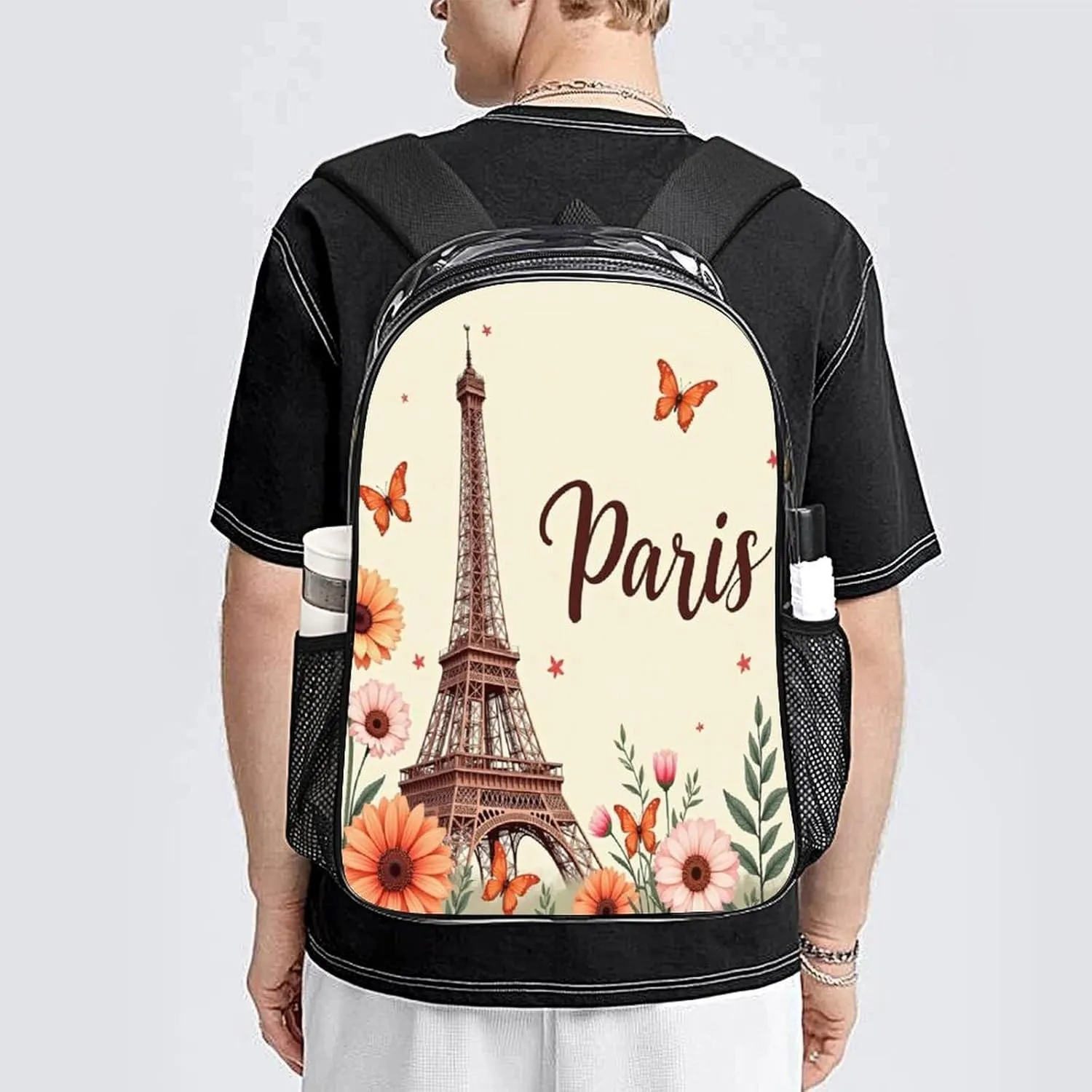 Adults Lightweight Orange Paris Abstract Eiffel Tower Flowers Rucksacks Large Capacity Bookbag Transparent Bag for Trekking Outdoors Bicycle