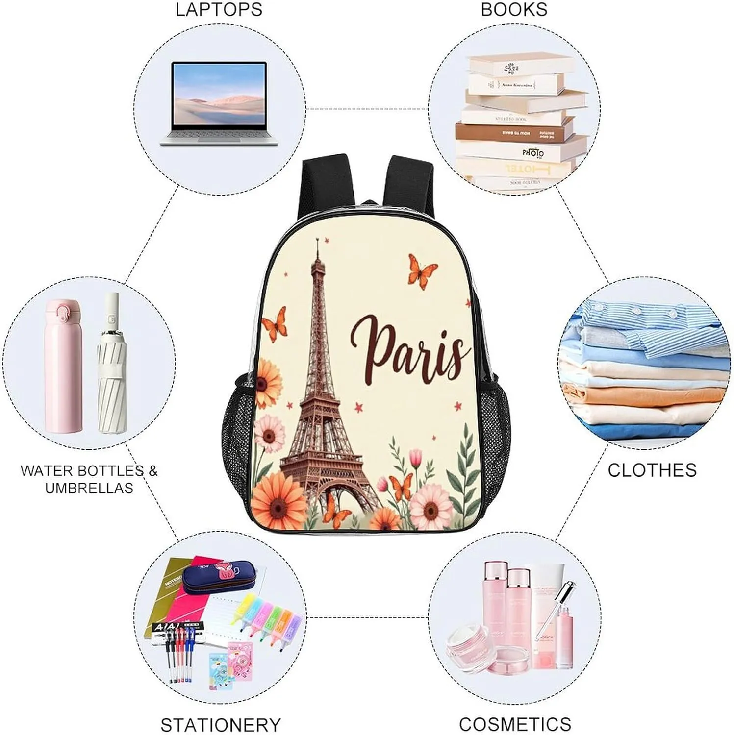 Adults Lightweight Orange Paris Abstract Eiffel Tower Flowers Rucksacks Large Capacity Bookbag Transparent Bag for Trekking Outdoors Bicycle