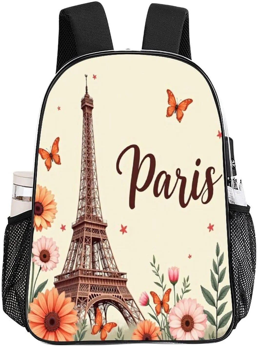 Adults Lightweight Orange Paris Abstract Eiffel Tower Flowers Rucksacks Large Capacity Bookbag Transparent Bag for Trekking Outdoors Bicycle