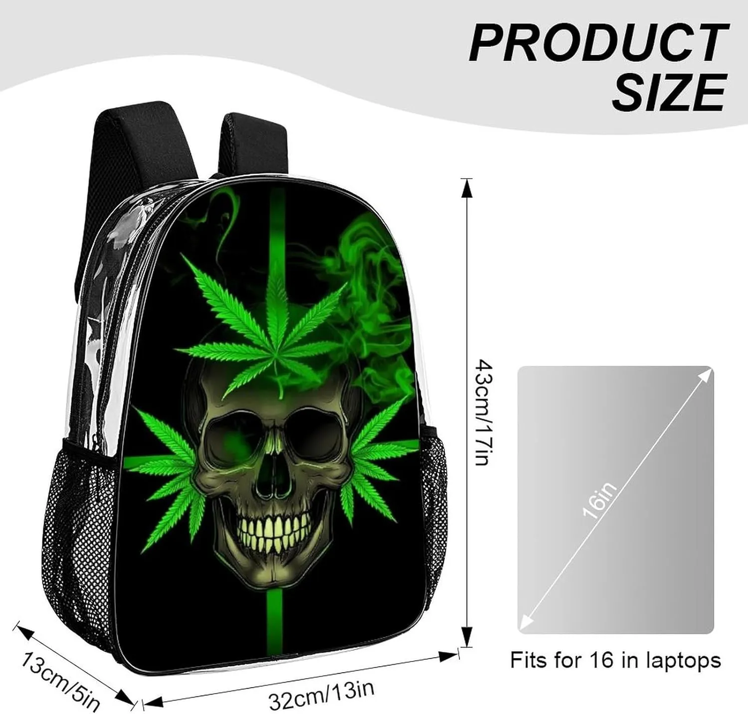 Adults Lightweight Skull Marijuanaweed Leaf Leaves Green Black Rucksacks Large Capacity Bookbag Transparent Bag for Trekking Outdoors Bicycle