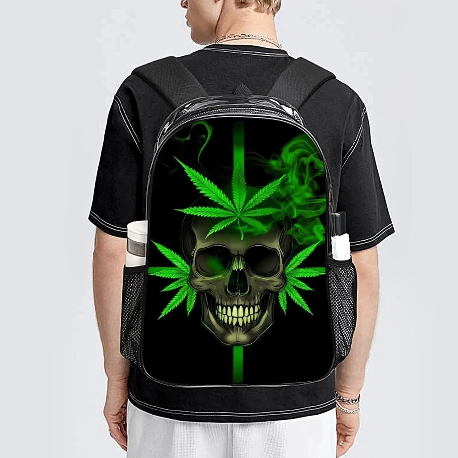 Adults Lightweight Skull Marijuanaweed Leaf Leaves Green Black Rucksacks Large Capacity Bookbag Transparent Bag for Trekking Outdoors Bicycle