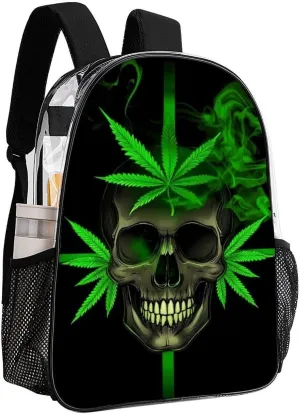 Adults Lightweight Skull Marijuanaweed Leaf Leaves Green Black Rucksacks Large Capacity Bookbag Transparent Bag for Trekking Outdoors Bicycle