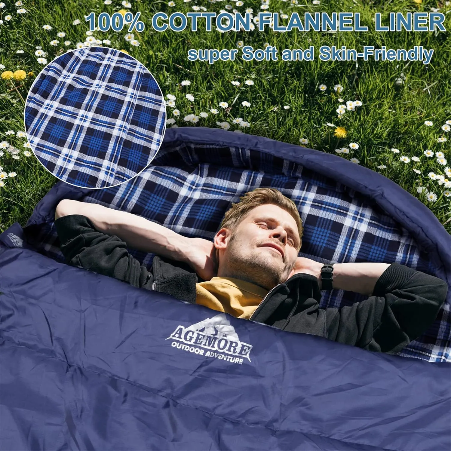 AGEMORE Cotton Flannel Sleeping Bag for Adults, Lightweight XXL Cotton Sleeping Bag for Camping Backpacking or Hiking, Water Resistant 3-4 Season Sleeping bag for Warm & Cool Weather