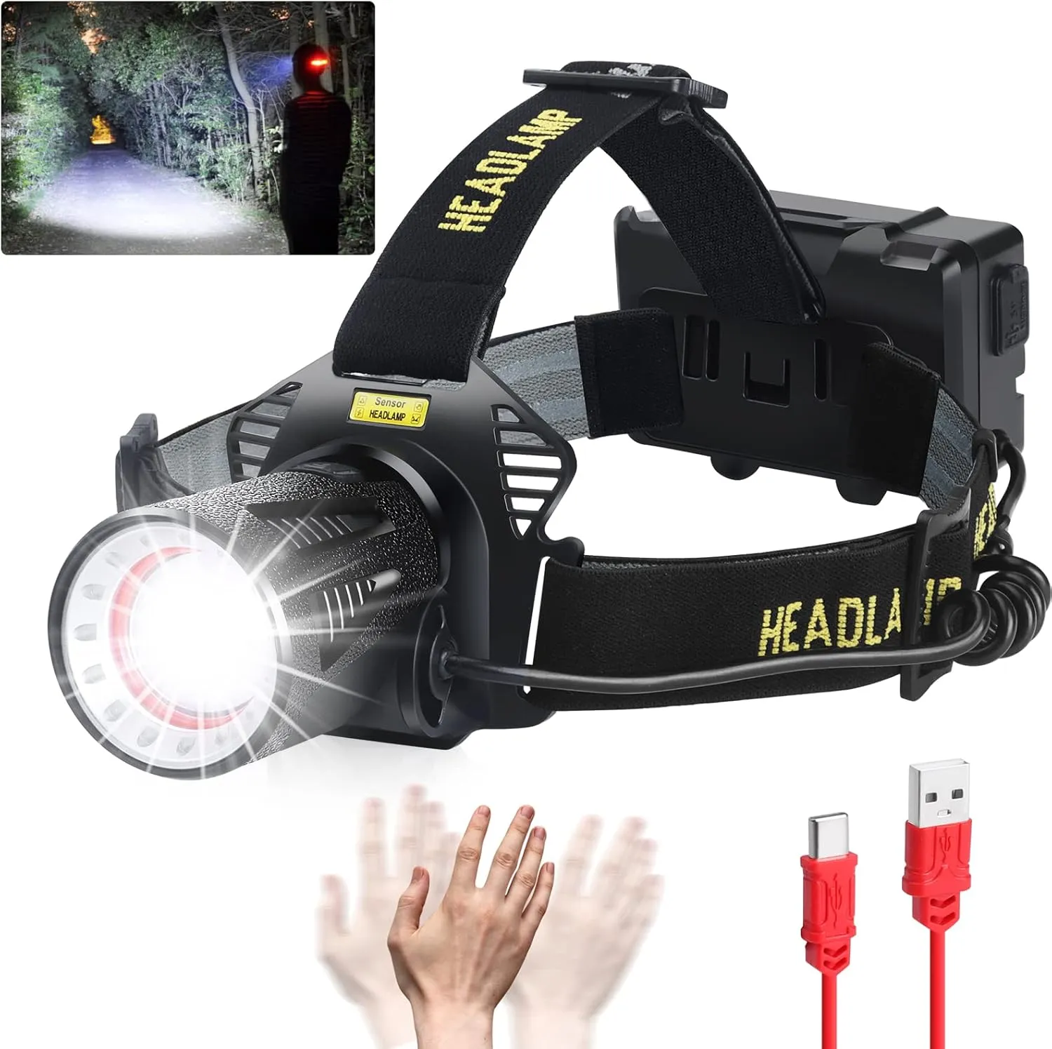 Aikertec Headlamp Rechargeable, Super Bright Headlamp for Adults with Motion Sensors, 7 Modes, Zoomable, IP68 Waterproof Head Flashlight for Camping Hunting Fishing (Batteries Included)