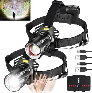 Aikertec LED Headlamp Rechargeable, Bright Headlamp for Adults, with Motion Sensor, 7 Modes, Zoom, Head lamp Battery Powered, Flashlight for Hardhat, Running
