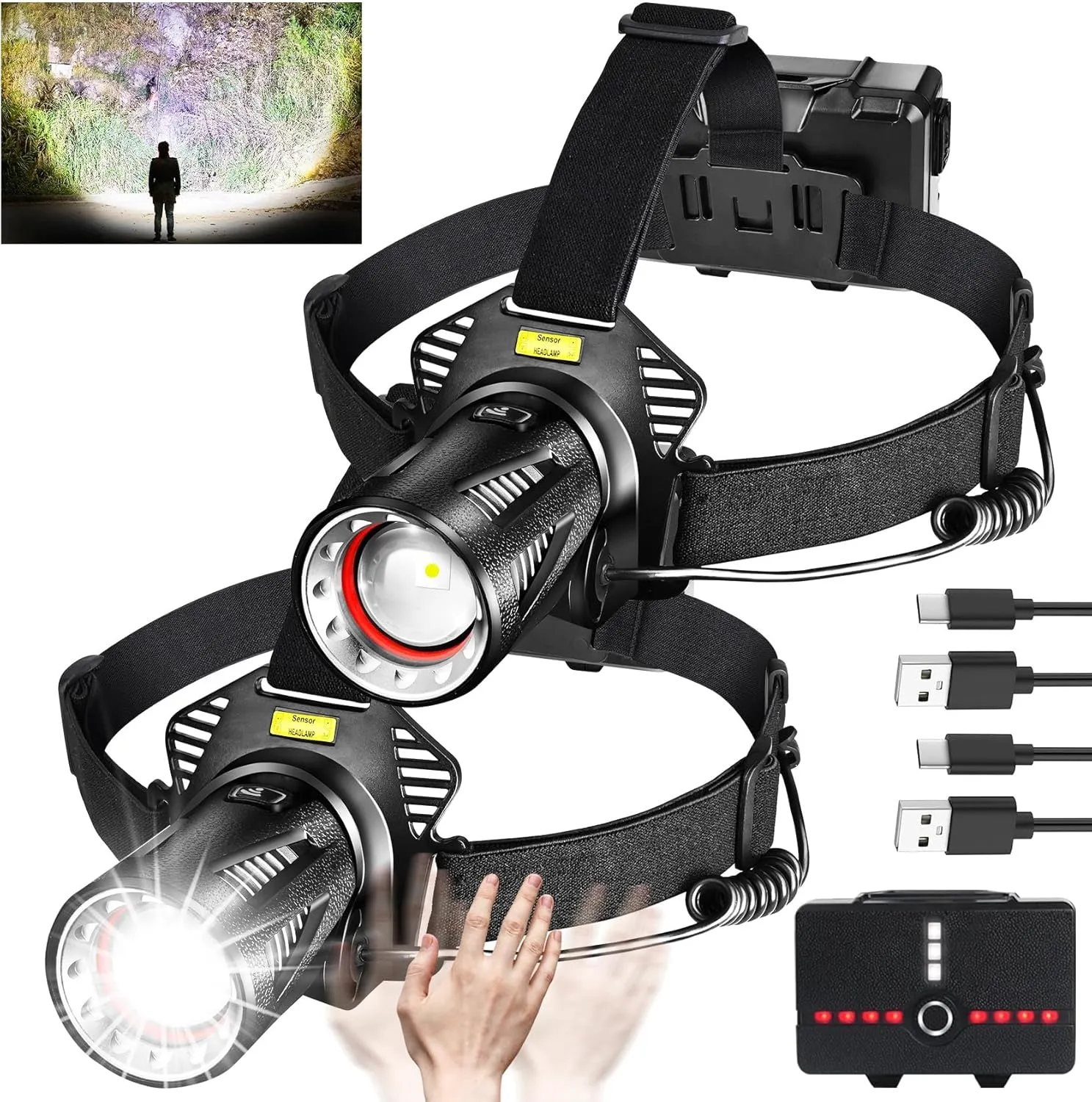 Aikertec LED Headlamp Rechargeable, Bright Headlamp for Adults, with Motion Sensor, 7 Modes, Zoom, Head lamp Battery Powered, Flashlight for Hardhat, Running