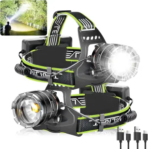 Aikertec Rechargeable Headlamp 2 Pack, 180000LM Super Bright Headlamp for Adults, Motion Sensor Hands-Free, IPX7 Waterproof, Adjustable Zoom & Red Light, 8 Modes for Camping, Hiking, Running, Fishing