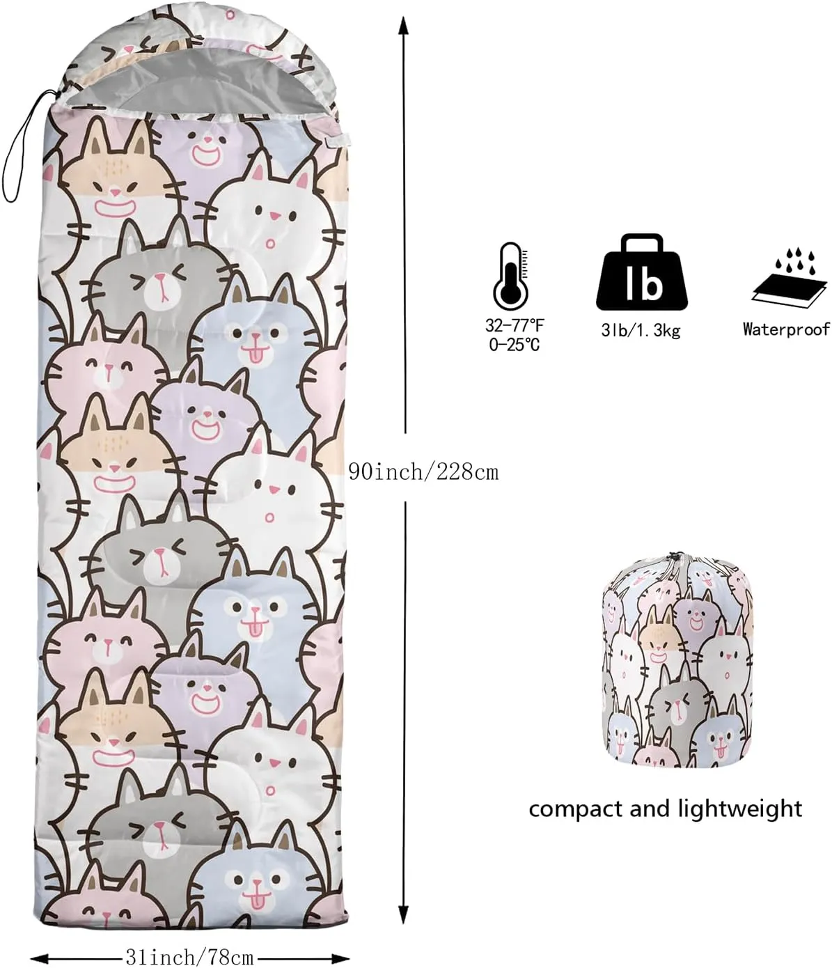 AILONEN Cartoon Camping Sleeping Bag for Boys Girls Adults,Lightweight & Waterproof,3 Season Warm & Cold Weather,Portable,Printed Sleeping Bag,Traveling,Camping,Hiking