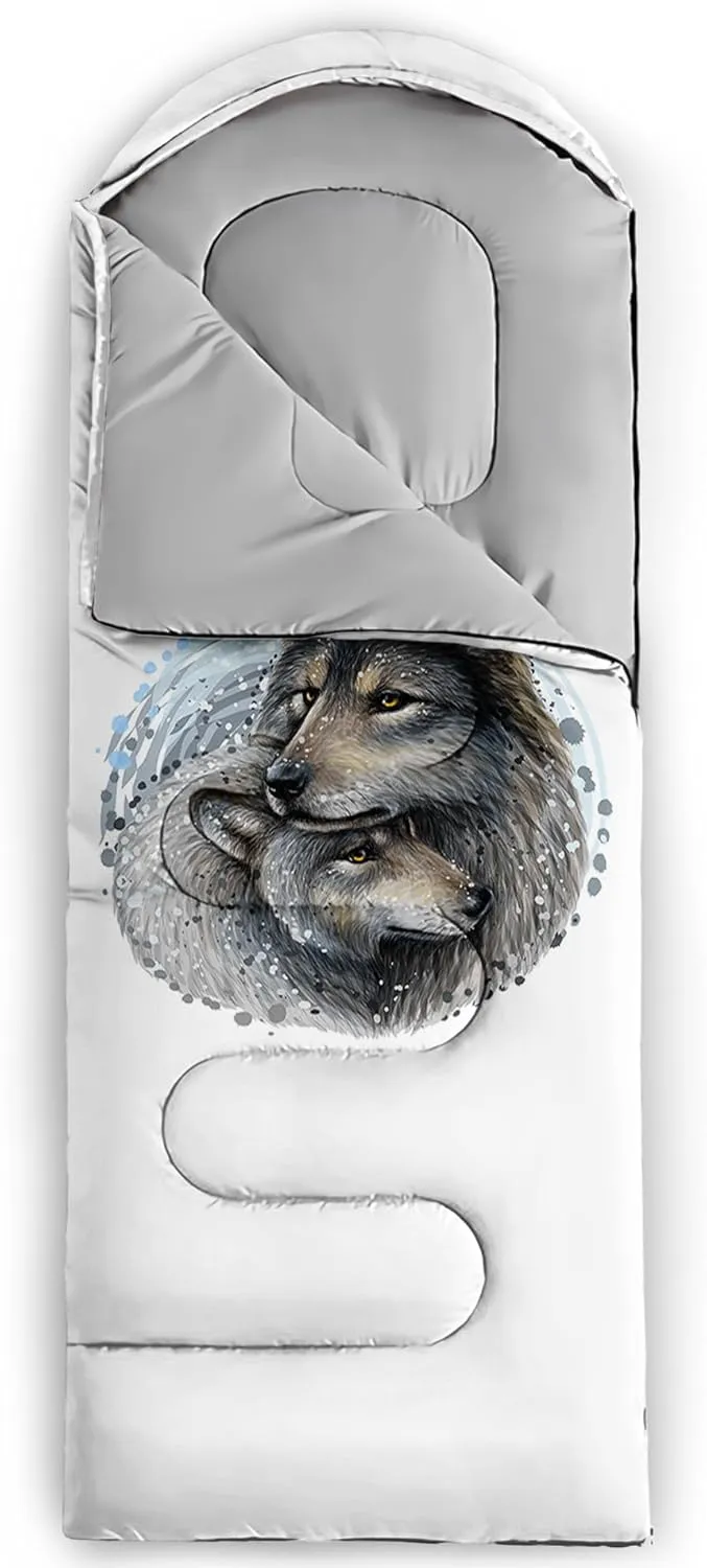 AILONEN Galaxy Wolf Sleeping Bag for Boys Girls Kids,Warm and Cool Weather,Lightweight,Waterproof Backpacking,Starry Night Wolf and Butterflies Print Blue Sleeping Bag for Camping
