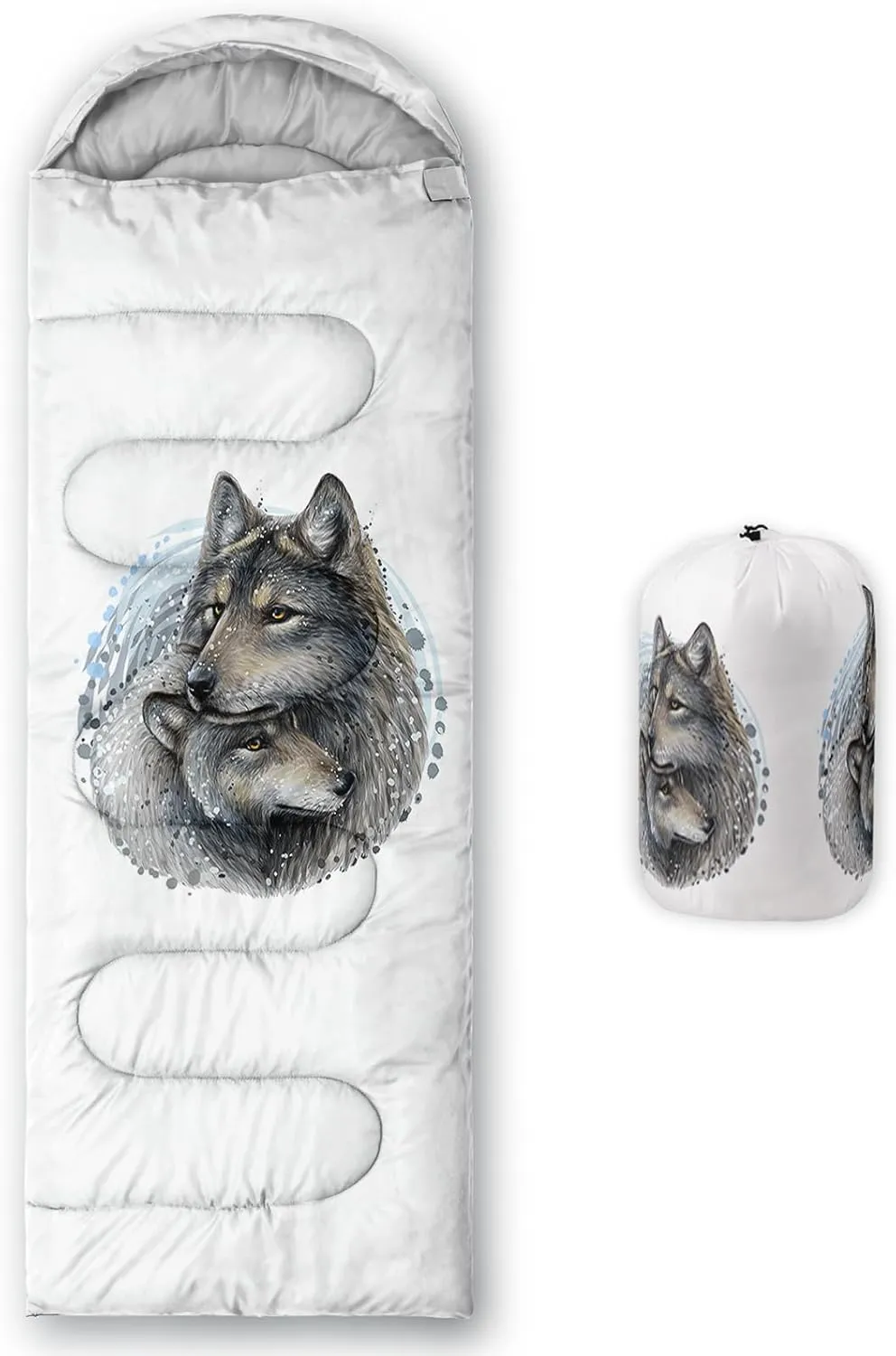 AILONEN Galaxy Wolf Sleeping Bag for Boys Girls Kids,Warm and Cool Weather,Lightweight,Waterproof Backpacking,Starry Night Wolf and Butterflies Print Blue Sleeping Bag for Camping