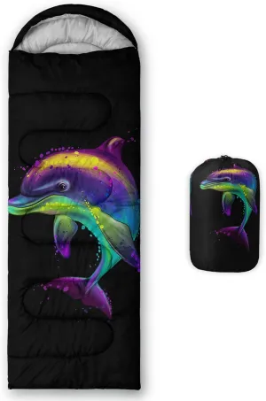 AILONEN Galaxy Wolf Sleeping Bag for Boys Girls Kids,Warm and Cool Weather,Lightweight,Waterproof Backpacking,Starry Night Wolf and Butterflies Print Blue Sleeping Bag for Camping