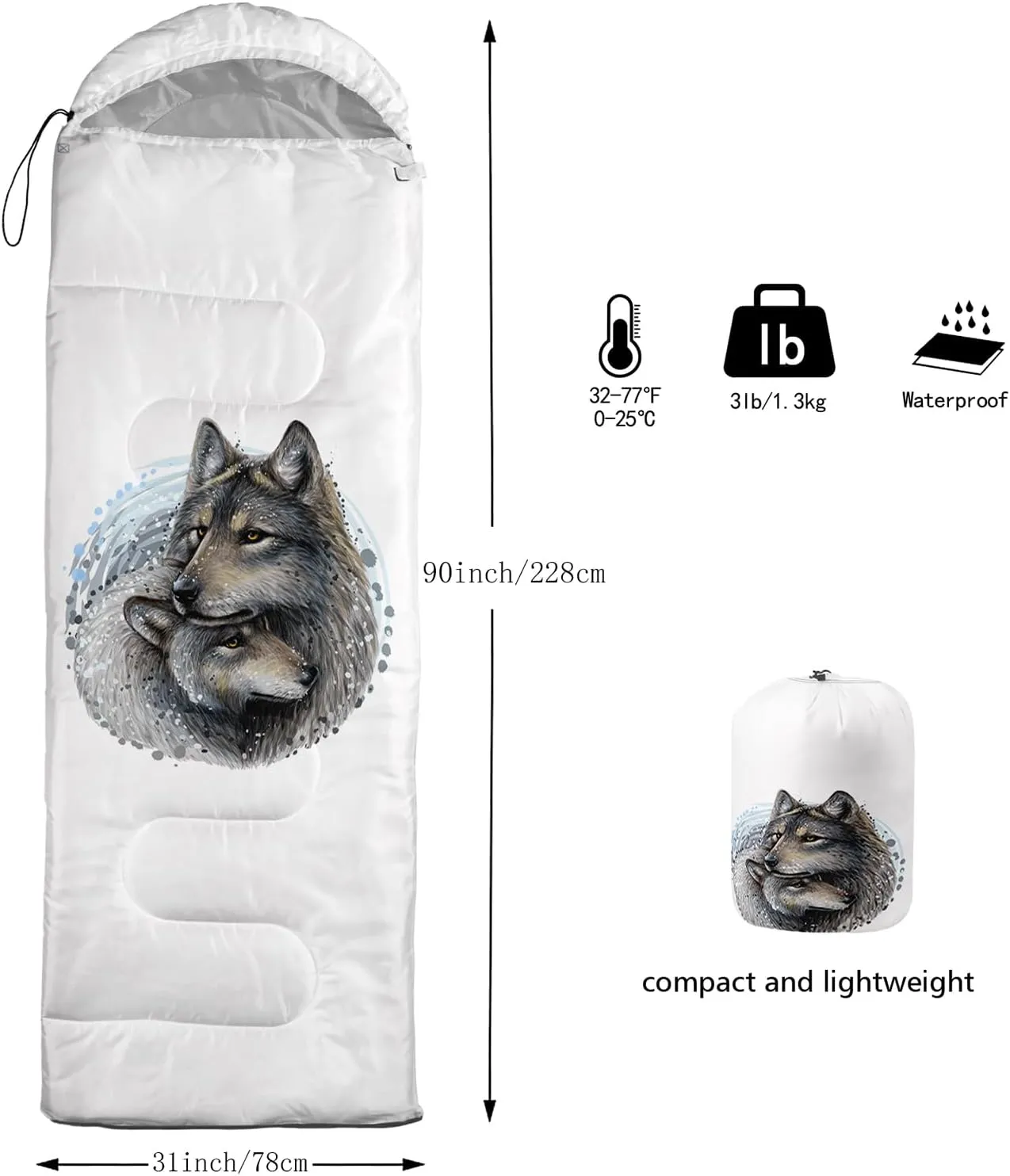 AILONEN Galaxy Wolf Sleeping Bag for Boys Girls Kids,Warm and Cool Weather,Lightweight,Waterproof Backpacking,Starry Night Wolf and Butterflies Print Blue Sleeping Bag for Camping