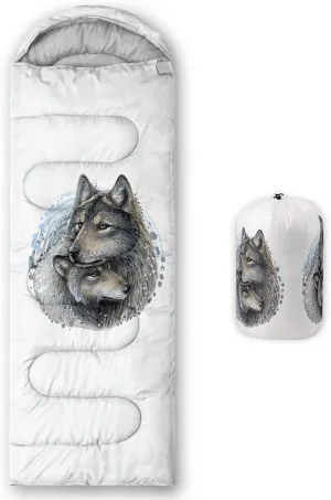 AILONEN Galaxy Wolf Sleeping Bag for Boys Girls Kids,Warm and Cool Weather,Lightweight,Waterproof Backpacking,Starry Night Wolf and Butterflies Print Blue Sleeping Bag for Camping