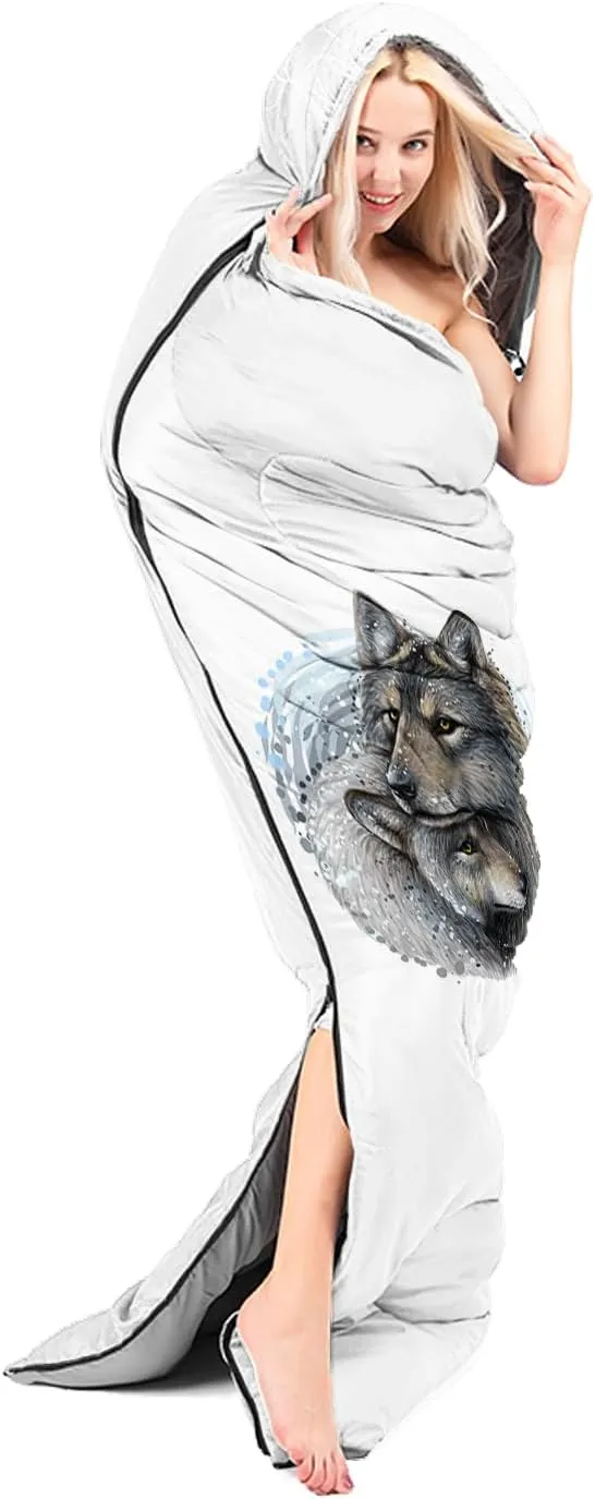 AILONEN Galaxy Wolf Sleeping Bag for Boys Girls Kids,Warm and Cool Weather,Lightweight,Waterproof Backpacking,Starry Night Wolf and Butterflies Print Blue Sleeping Bag for Camping