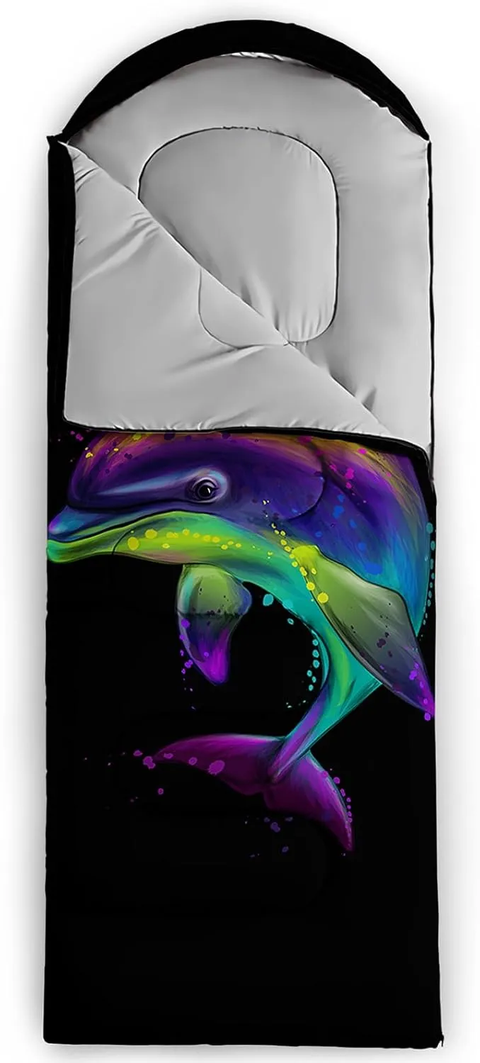 AILONEN Galaxy Wolf Sleeping Bag for Boys Girls Kids,Warm and Cool Weather,Lightweight,Waterproof Backpacking,Starry Night Wolf and Butterflies Print Blue Sleeping Bag for Camping