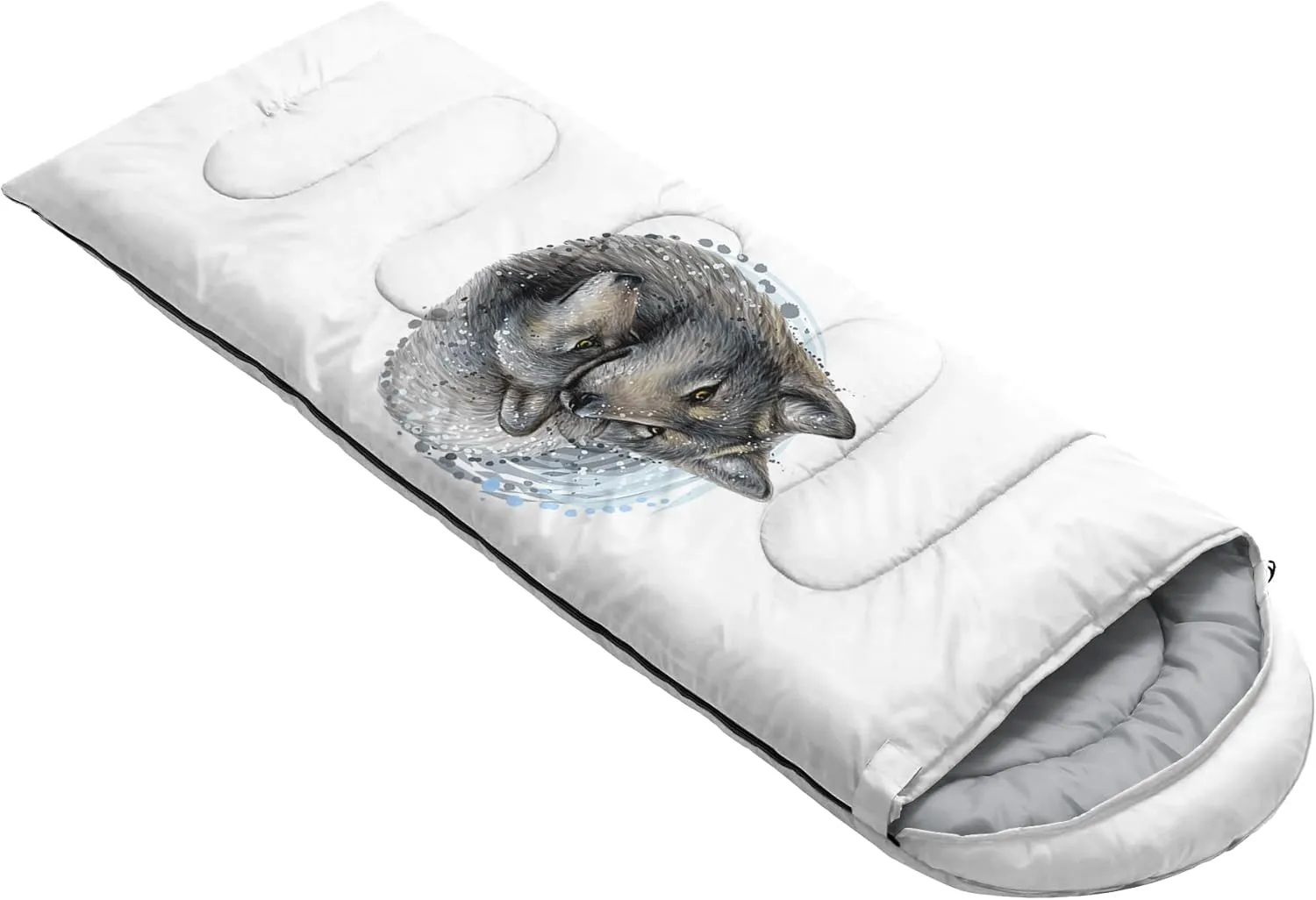 AILONEN Galaxy Wolf Sleeping Bag for Boys Girls Kids,Warm and Cool Weather,Lightweight,Waterproof Backpacking,Starry Night Wolf and Butterflies Print Blue Sleeping Bag for Camping