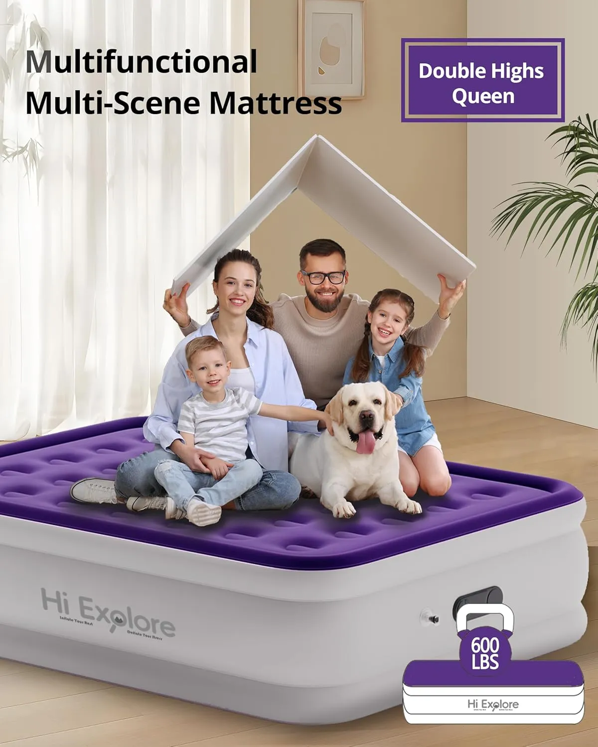 Air Mattress Queen with Built in Pump Raised, with Comfort Plush, Inflatable Blow Up Mattress, Portable Air Bed for Home, Guests, Camping,(Purple, 18” Height)