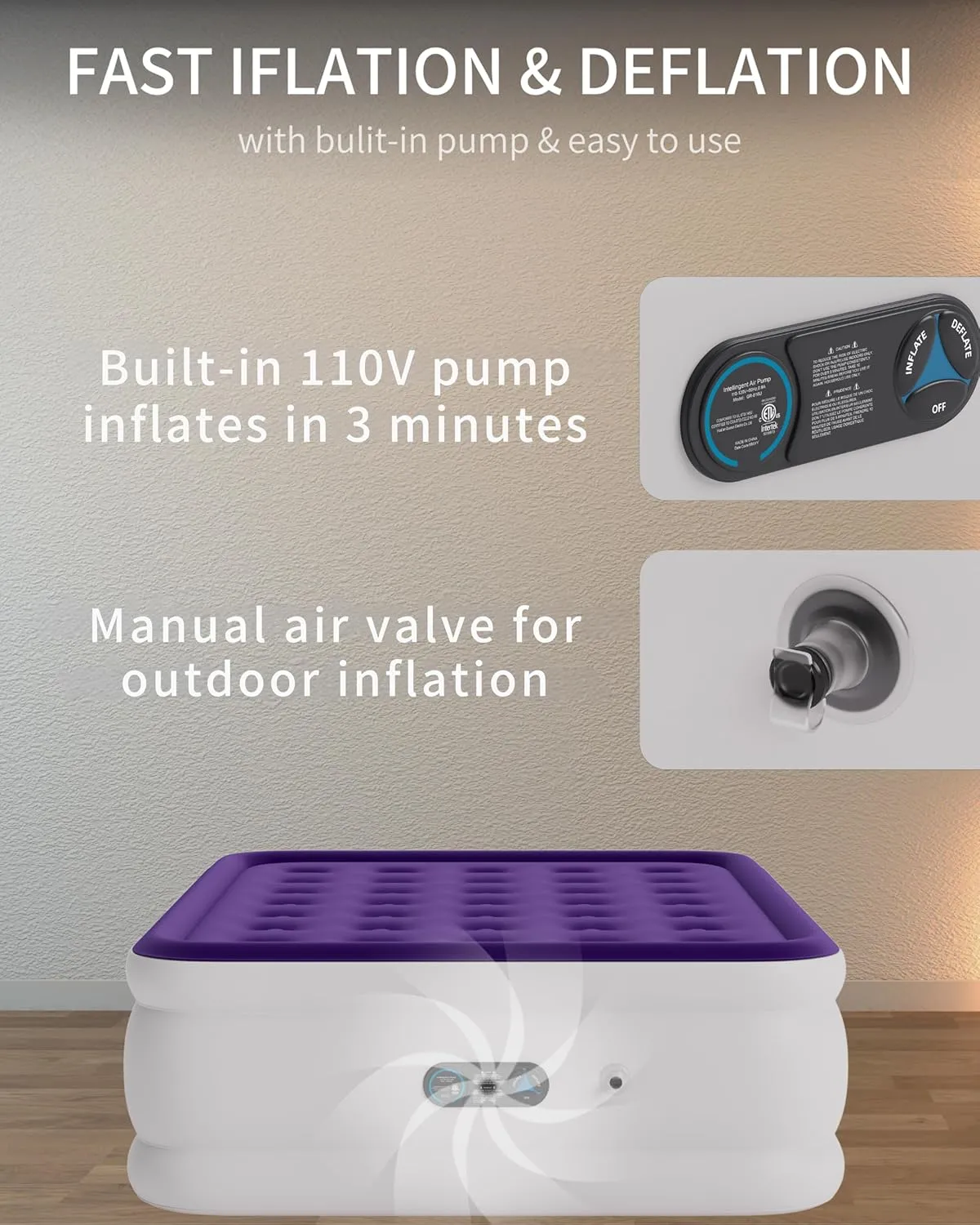 Air Mattress Queen with Built in Pump Raised, with Comfort Plush, Inflatable Blow Up Mattress, Portable Air Bed for Home, Guests, Camping,(Purple, 18” Height)