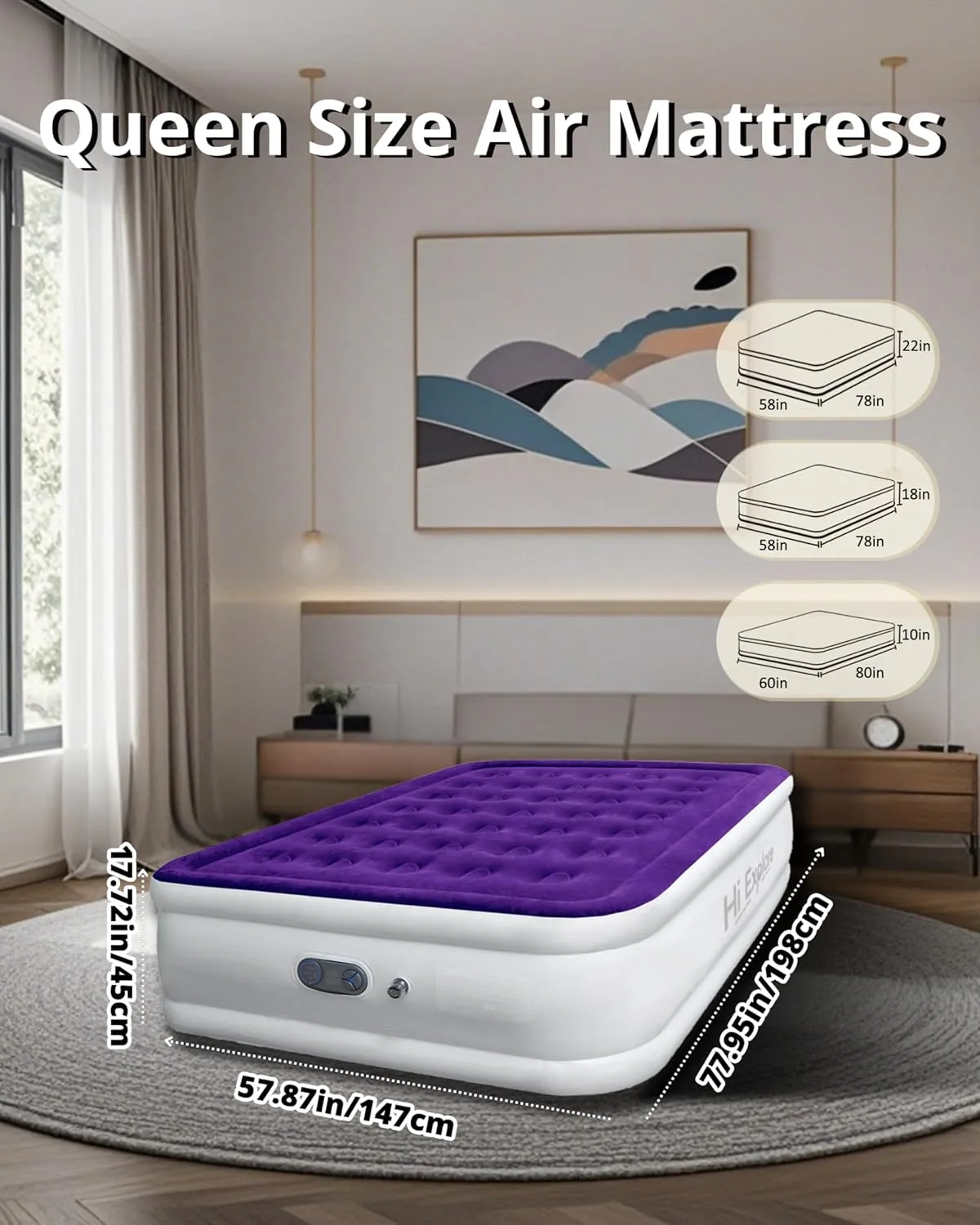 Air Mattress Queen with Built in Pump Raised, with Comfort Plush, Inflatable Blow Up Mattress, Portable Air Bed for Home, Guests, Camping,(Purple, 18” Height)
