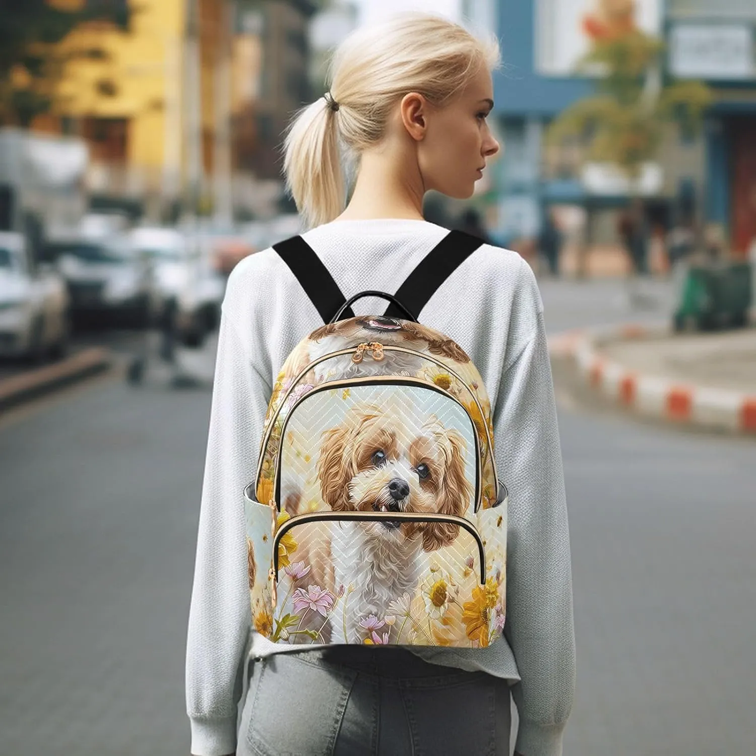 ALAZA A Cockapoo Dog Flowers Small Backpack Purse for Women Travel Bag Lightweight Shoulder Bag Fashion Daypack