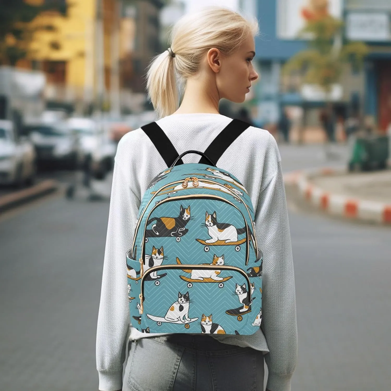 ALAZA Cat Skateboard Calico Small Backpack Purse for Women Travel Bag Lightweight Shoulder Bag Fashion Daypack