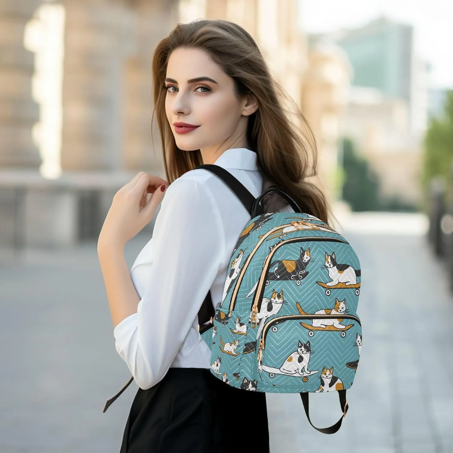 ALAZA Cat Skateboard Calico Small Backpack Purse for Women Travel Bag Lightweight Shoulder Bag Fashion Daypack