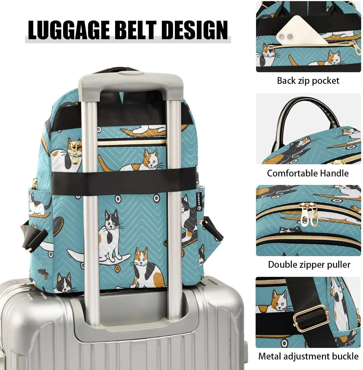 ALAZA Cat Skateboard Calico Small Backpack Purse for Women Travel Bag Lightweight Shoulder Bag Fashion Daypack