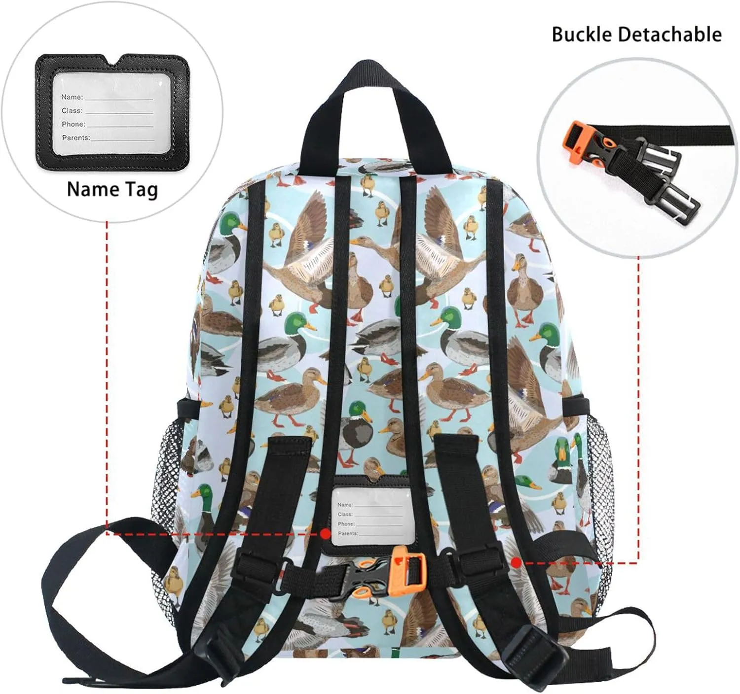 ALAZA Mallard Ducks Pattern Toddler Backpack for Boys Girls,Kid Backpack with Chest Clip and Name Tag,M