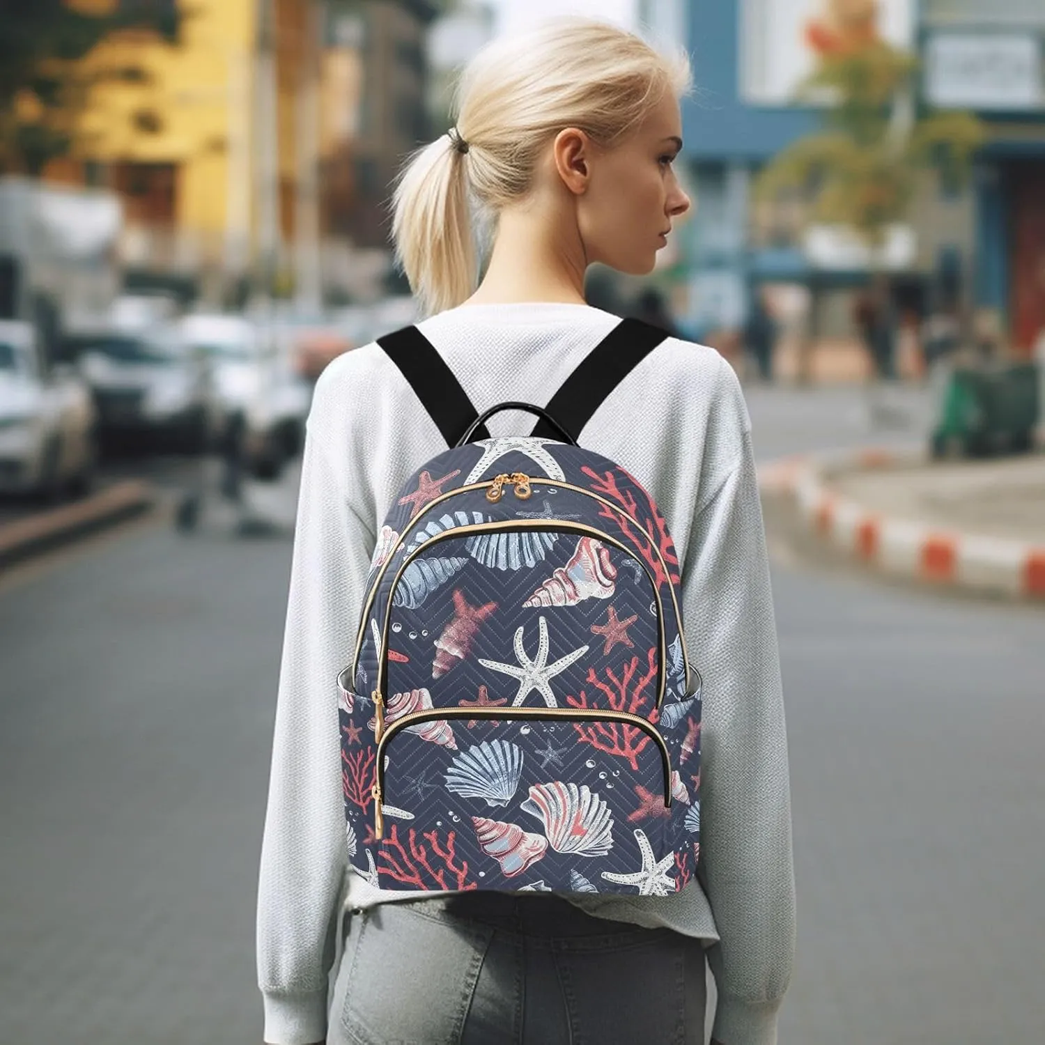 ALAZA Sea Shells Mini Backpack Purse for Women Travel Bag Lightweight Shoulder Bag Fashion Daypack