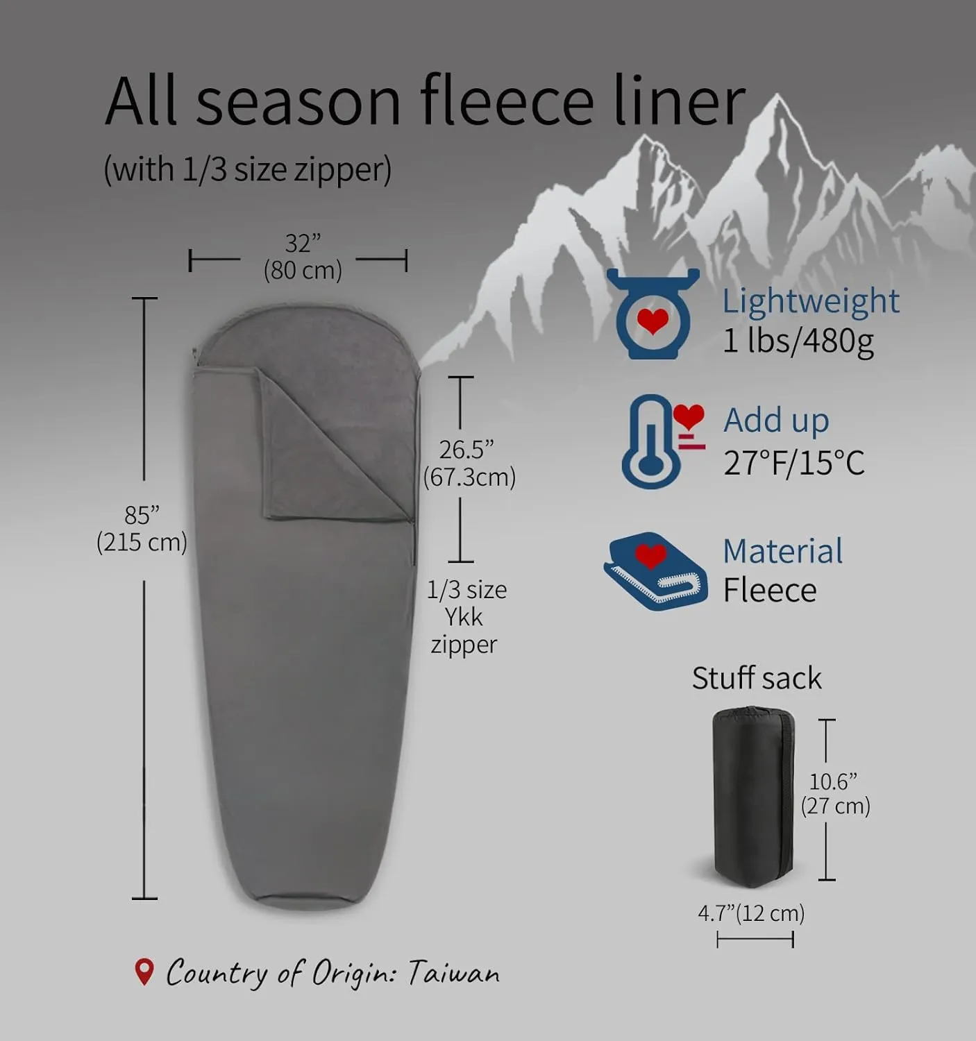 All Season Fleece Sleeping Bag Liner Adds Up to 27°F/ 15°C, Lightweight Mummy Sleeping Sack for Cold Weather and Winter Backpacking, Camping, Traveling with Drawstring Hood and Stuff Sack E629