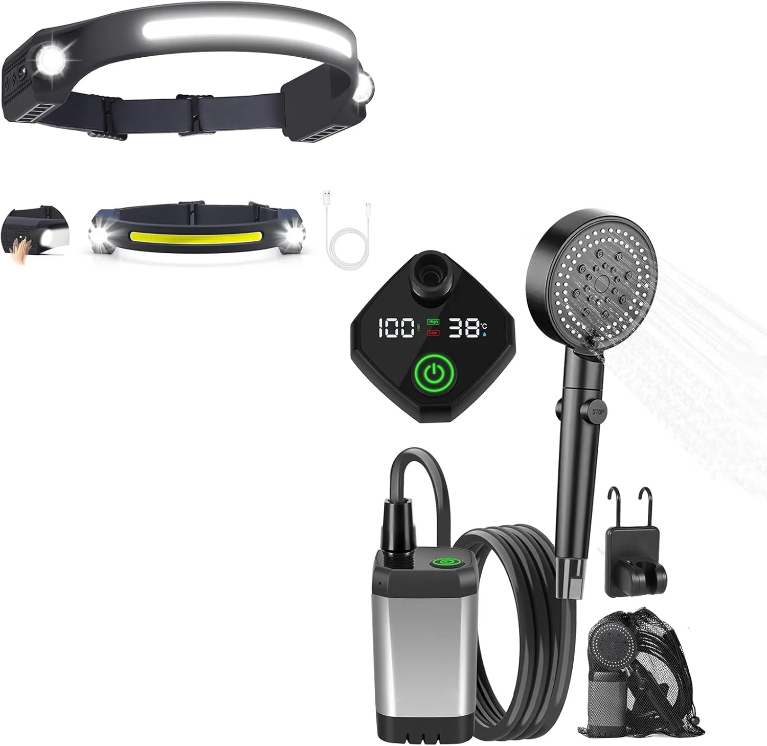 AlpsWolf Bundle: LED Rechargeable Headlamp IPX4 Waterproof & Portable Shower for Camping 6000mAh with Power and Temperature Display