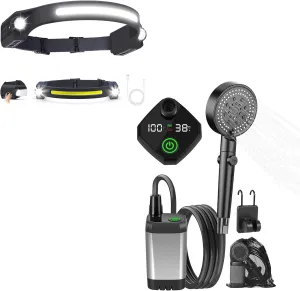 AlpsWolf Bundle: LED Rechargeable Headlamp IPX4 Waterproof & Portable Shower for Camping 6000mAh with Power and Temperature Display