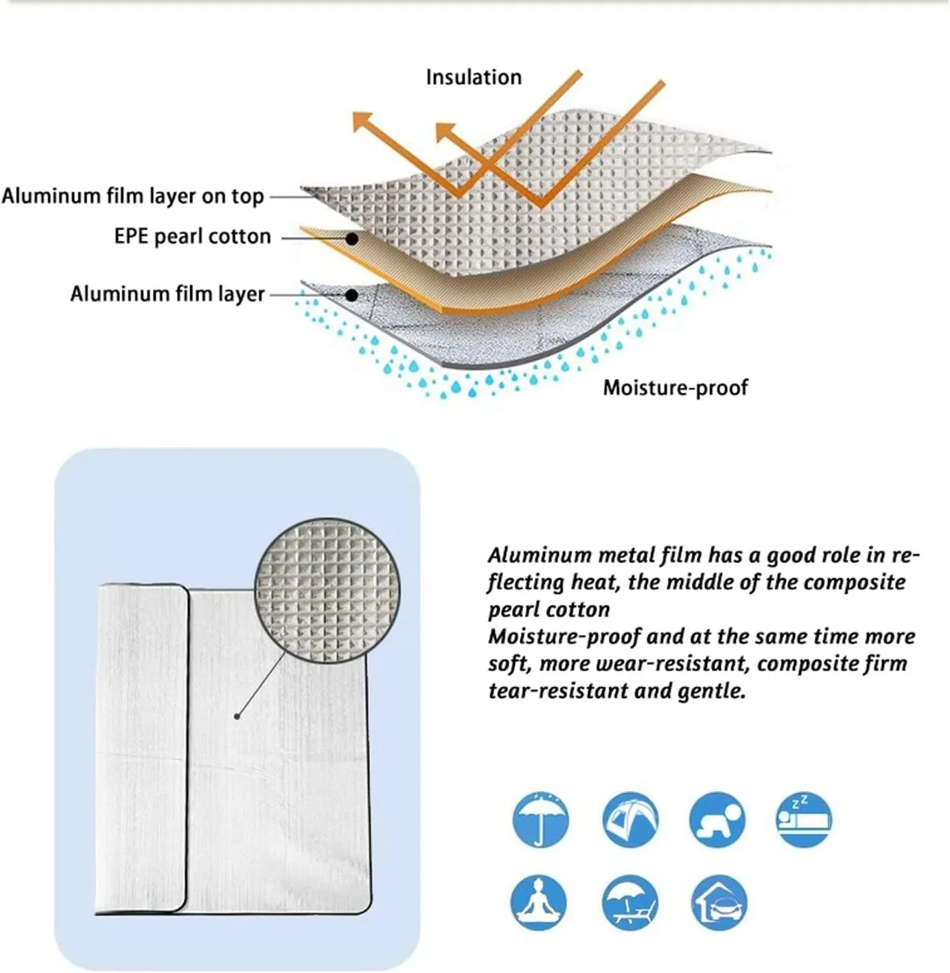 Aluminium Foil Sleeping Mat Foam Mats 7mm Thick Outdoor Double-Sided Moisture-Proof Foldable Tent Floor Mat Heat Insulating Blanket Thermal Camping Ultralight Silver