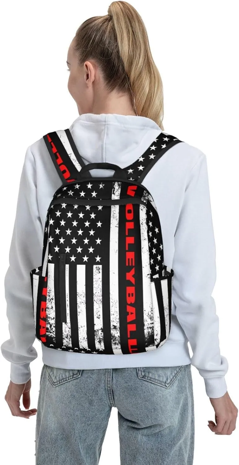 American Flag Volleyball Sport Casual Backpacks Laptop Backpack Outdoor Travel Rucksack Sport Carry-On Daypack Lightweight Bag with Multi-Pockets