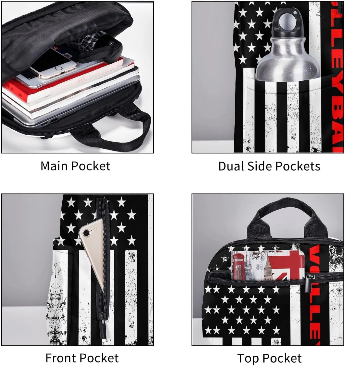 American Flag Volleyball Sport Casual Backpacks Laptop Backpack Outdoor Travel Rucksack Sport Carry-On Daypack Lightweight Bag with Multi-Pockets