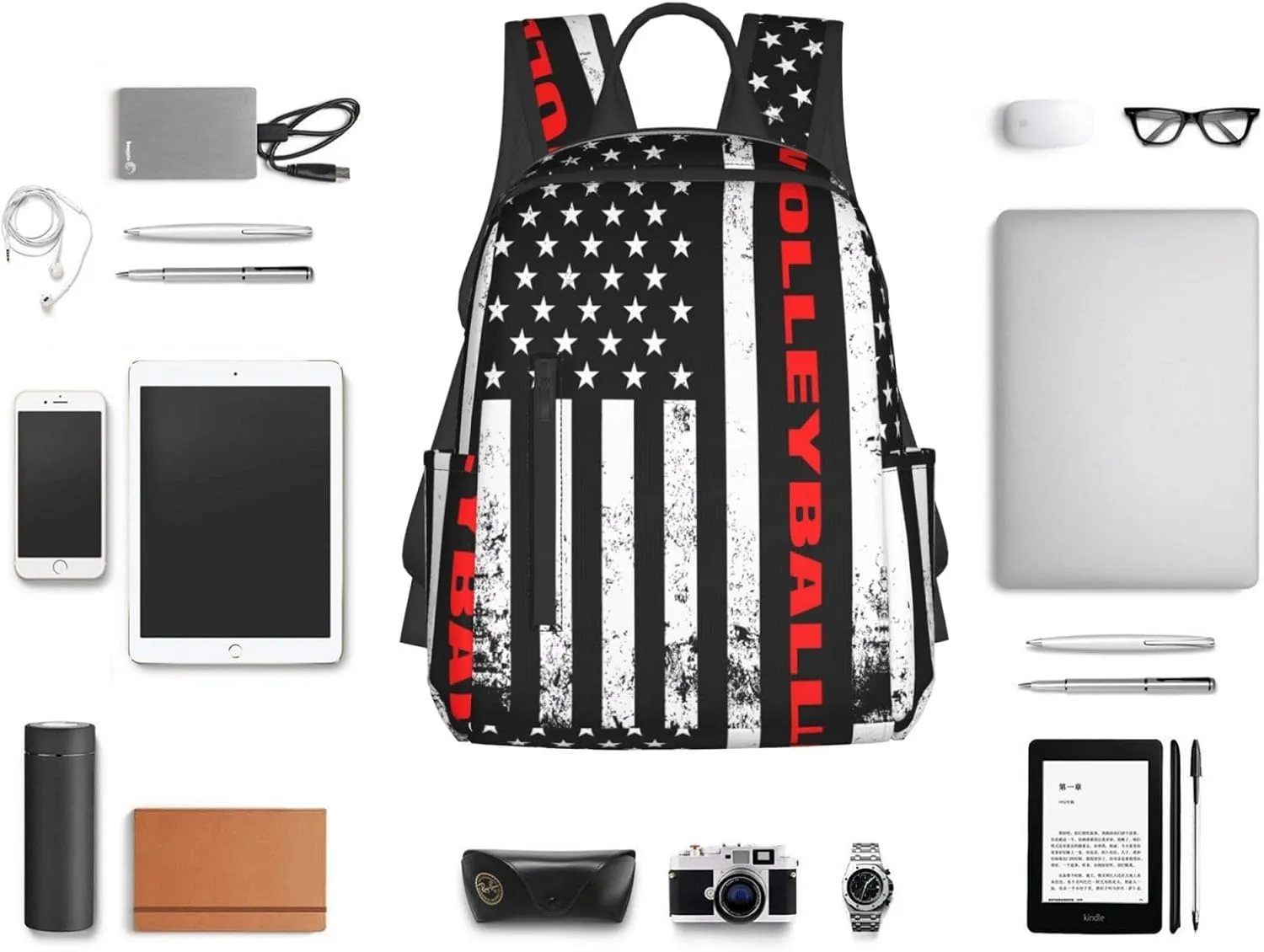 American Flag Volleyball Sport Casual Backpacks Laptop Backpack Outdoor Travel Rucksack Sport Carry-On Daypack Lightweight Bag with Multi-Pockets