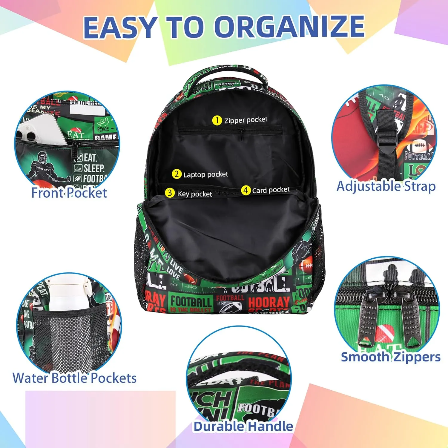 American Football Backpack with Lunch Box Lightweight Travel Backpack 17 inch Men American Football Lover Gift