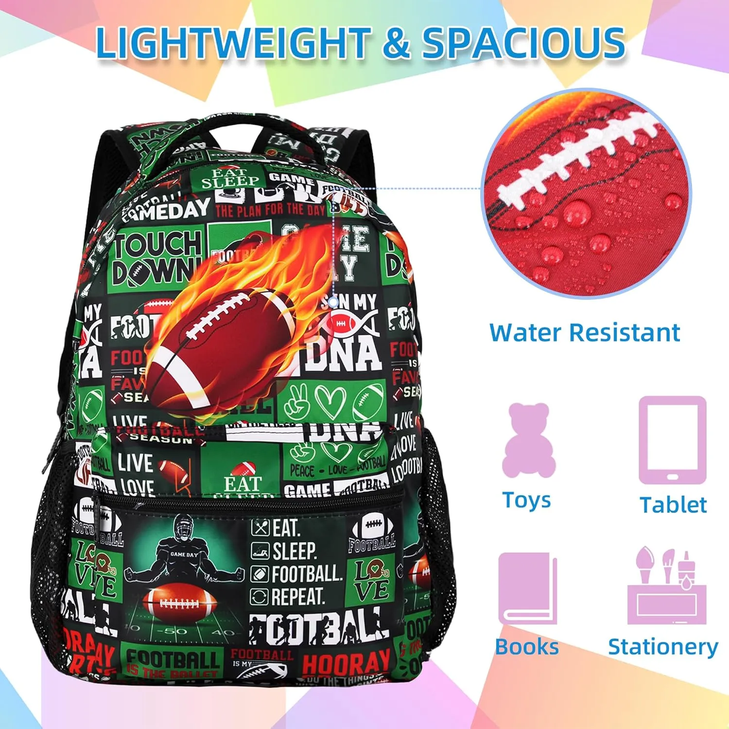 American Football Backpack with Lunch Box Lightweight Travel Backpack 17 inch Men American Football Lover Gift