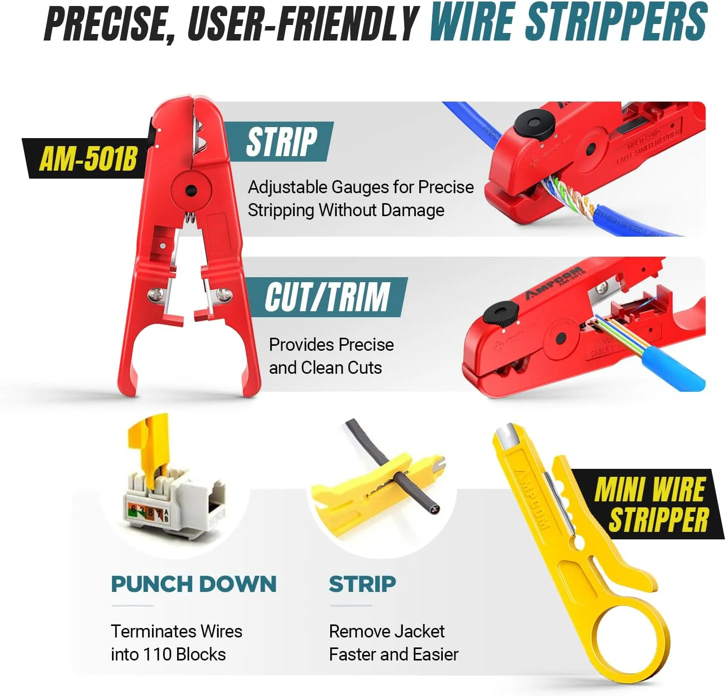 AMPCOM Ethernet Crimping Tool Kit, 8-in-1 Network Tool Kit for Pass-Through RJ45/RJ11, STP Cat7/6A & UTP Cat6/5E Connectors, Includes 110 Punch Down Tool & Wire Stripper, Portable Waterproof Bag