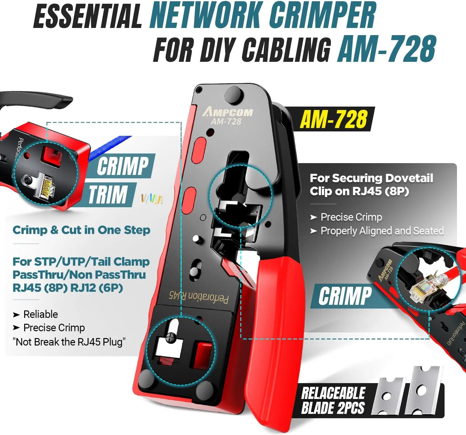 AMPCOM Ethernet Crimping Tool Kit, 8-in-1 Network Tool Kit for Pass-Through RJ45/RJ11, STP Cat7/6A & UTP Cat6/5E Connectors, Includes 110 Punch Down Tool & Wire Stripper, Portable Waterproof Bag