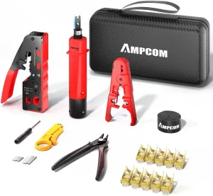 AMPCOM Ethernet Crimping Tool Kit, 8-in-1 Network Tool Kit for Pass-Through RJ45/RJ11, STP Cat7/6A & UTP Cat6/5E Connectors, Includes 110 Punch Down Tool & Wire Stripper, Portable Waterproof Bag