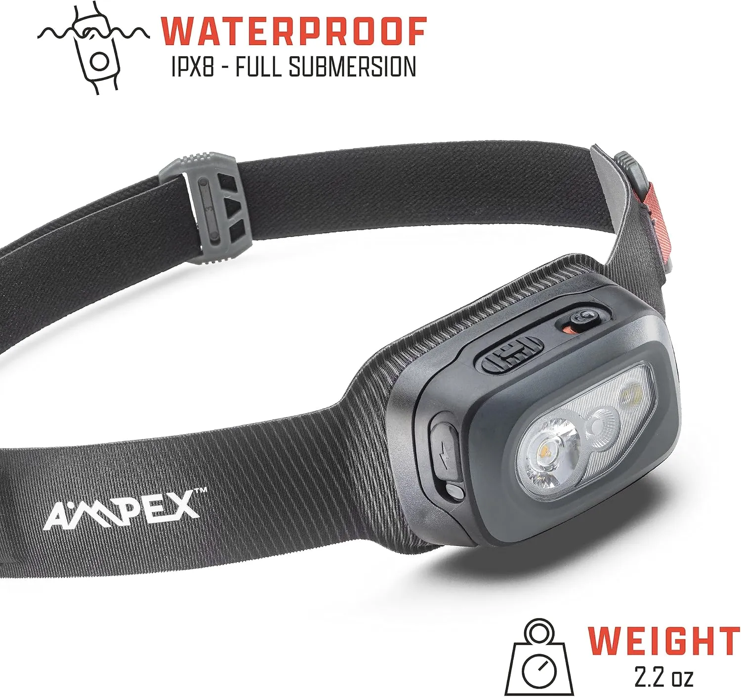 AMPEX Head Lamp - Comfortable, Waterproof Headlamp Rechargeable with Bright LED, 85h Runtime, Red Mode - Outdoor Use, Hiking, Backpacking - 300 Lumens