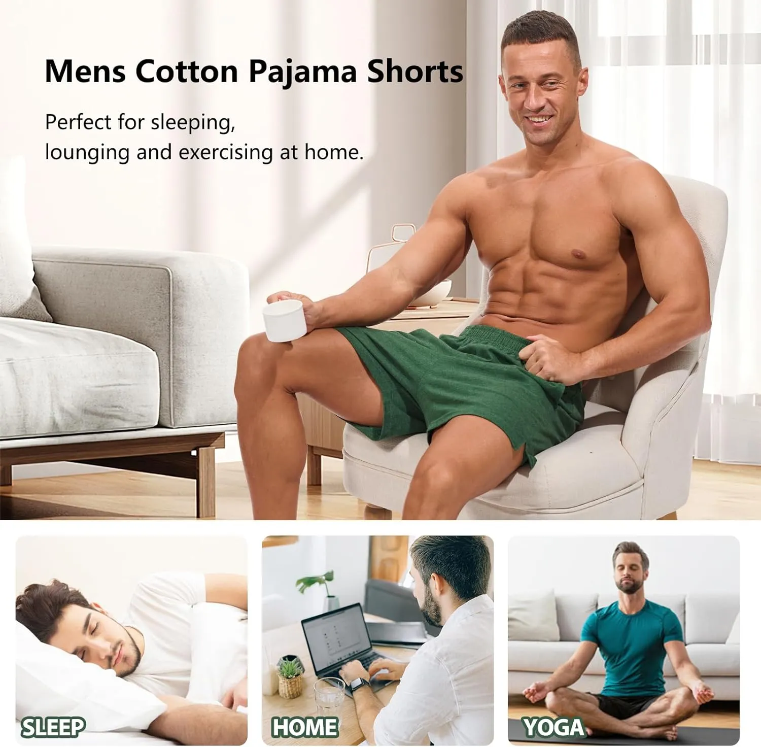 AMY COULEE Mens Lounge Shorts 4 inch Pajama Lightweight Cotton Sleep Bottoms with Pockets
