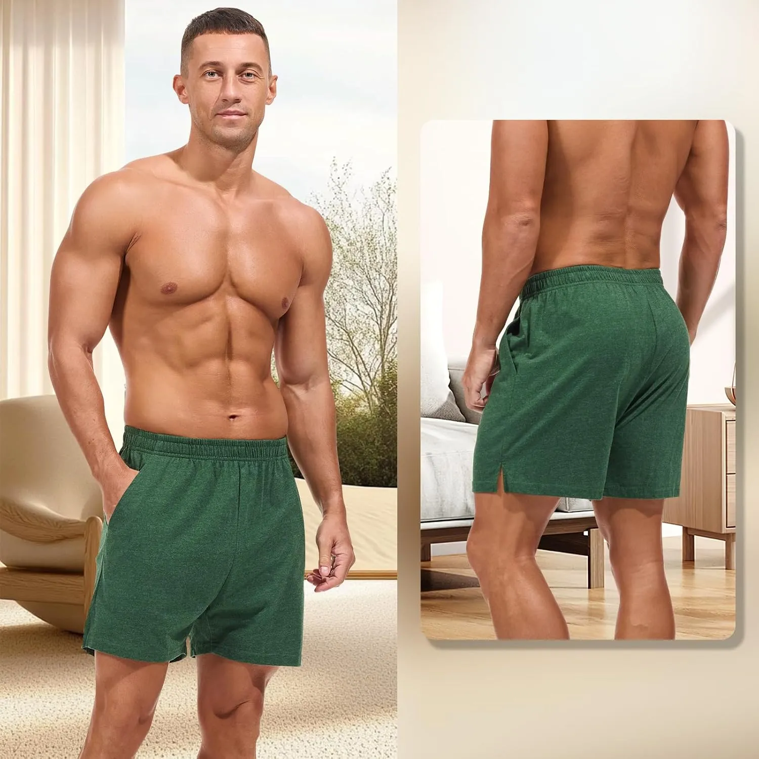 AMY COULEE Mens Lounge Shorts 4 inch Pajama Lightweight Cotton Sleep Bottoms with Pockets
