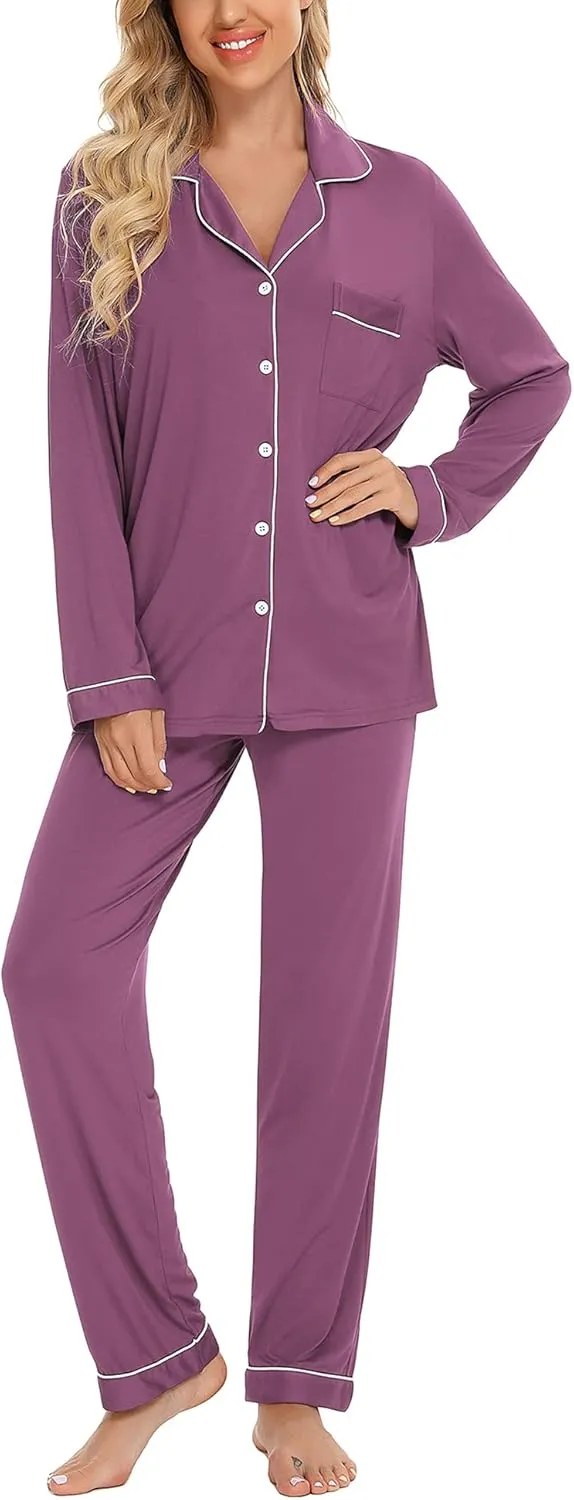 Anjue Pajamas for Women Soft Button Up Pajama Set Long Sleeve Shirt and Pajama Pants Lounge Sets S-XXL