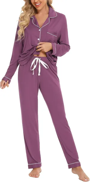 Anjue Pajamas for Women Soft Button Up Pajama Set Long Sleeve Shirt and Pajama Pants Lounge Sets S-XXL